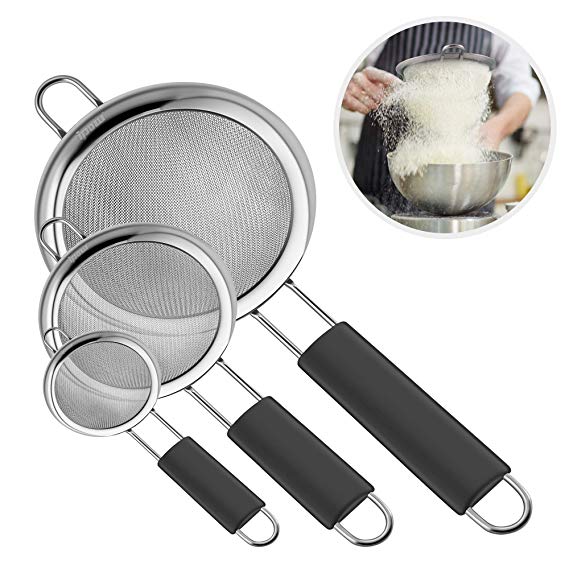 IPOW Fine Mesh Strainer, 3 Pack Professional Super Fine Mesh Strainer with Strengthened Handle for Sifting Flour, Noodle, Icing Sugar, Quinoa, Coffee, Juice, Tea etc