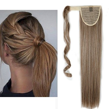 Wrap Around Synthetic Ponytail Clip in Hair Extensions One Piece Magic Paste Pony Tail Long Straight Soft Silky for Women Fashion and Beauty 23'' / 23 inch (ash brown mix bleach blonde)