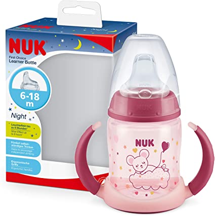 NUK First Choice  Learner Cup Night Sippy Cup | 6-18 Months | Leak-Proof Silicone Spout | Glow in the Dark | Anti-Colic Vent | BPA-Free | 150ml | Pink