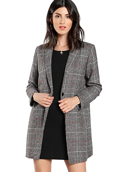 SheIn Women's Lapel Collar Coat Long Sleeve Plaid Blazer Outerwear