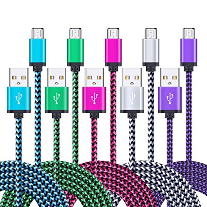 Micro USB Cable, FiveBox 5 Pack 6ft High Speed Nylon Braided Cable Charging/Sync Data Durable for Android, Samsung Galaxy S6 S7 Edge, HTC, Nokia, Sony and Other Tablet Smartphone