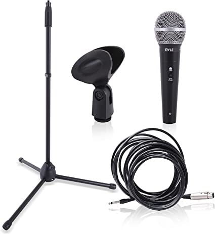 Professional Handheld Dynamic Microphone Kit - Unidirectional Vocal Wired Microphone w/Carry Bag, Metal Mic Stand, Holder/Clip & 16.4ft XLR Audio Cable to 1/4'' Audio Connection - Pyle PDMIC88ST