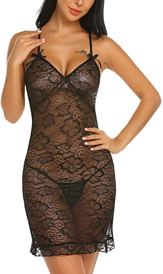 ELOVER Women Lingerie Sexy Satin Nightgown V Neck Nightwear Sleepwear Lace Babydoll Chemise Full Slip Dress