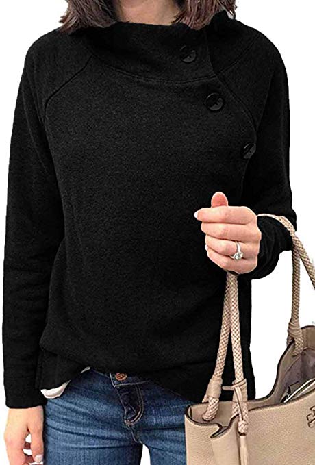 MIROL Women's Fall Sweatshirt Long Sleeve Button Down Asymmetrical High Neck Lined Solid Color Pullover Tunic Tops