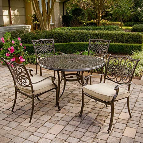 Hanover TRADITIONS5PC Traditions 5-Piece Deep-Cushioned Dining Set Outdoor Furniture, 48", Tan