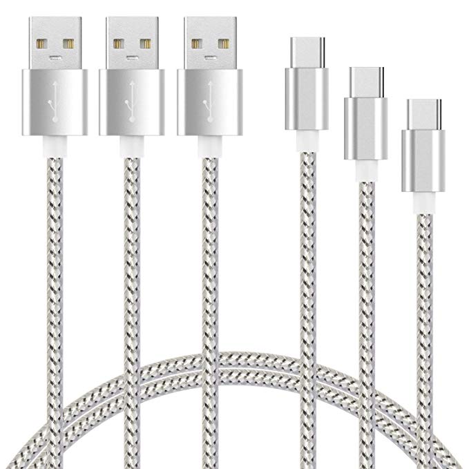 USB Type C Cable, USB C to USB A Charger(3 Pack 1ft 3ft 6ft silverwhite) Nylon Braided Fast Charge Cord Compatible for Samsung Galaxy S9 S8 Plus Note 9 8,LG V20 G6 G5,Google Pixel XL,Moto Z Z2 Ninten