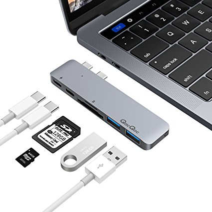 GN28A Aluminum Plug & Play USB C Hub, 2 USB 3.0 Extension Ports, SD & Micro SD and 2 Type-C Female Connectors with PD Specification MacBook Adapter for New MacBook Pro 2016