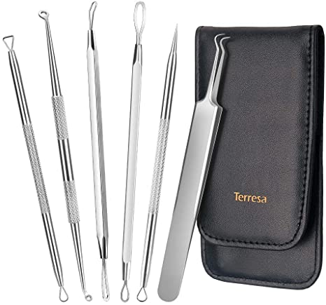 Blackhead Remover Spot Popper Tools, Terresa 6 Pack Pimple Popper Tool Comedone Extractor Pimple Popping Kit with Leather Case, Spot Remover Pimple Extractor Blackhead Removal Extraction Tool for Acne