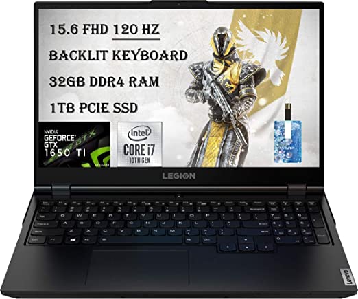 Lenovo Legion 15.6" FHD 120Hz Gaming Laptop, Intel Core i7-10750H, 32GB DDR4 RAM, 1TB SSD, GeForce GTX 1650 Ti Backlit Keyboard USB-C, HDMI, Windows 10 with E.S Holiday32GB USB Card