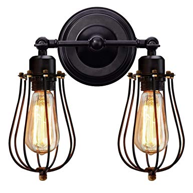 KingSo Wall Sconce 2 Light Metal Industrial Wire Cage Wall Light Fixture Vintage Style Edison Rustic Wall Lamp for Headboard Bedroom Farmhouse Garage Door Porch