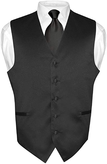 Men's Dress Vest & Necktie Solid Black Color Neck Tie Set for Suit or Tuxedo