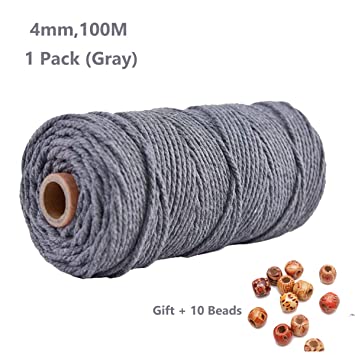 Macrame Cord 4mm 100m Cotton Rope 1 Pack Gray, Natural Cotton Rope for Colorful Macrame Hand Knitting, 4 Strands Twist Cotton Rope Macrame 4mm for Handmade Colored Wall Hanging Weaving Tapestry