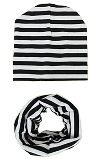 Unisex Baby Kids Stretch Striped Winter Hat Gloves Scarf Set Fashion Caps (Black)