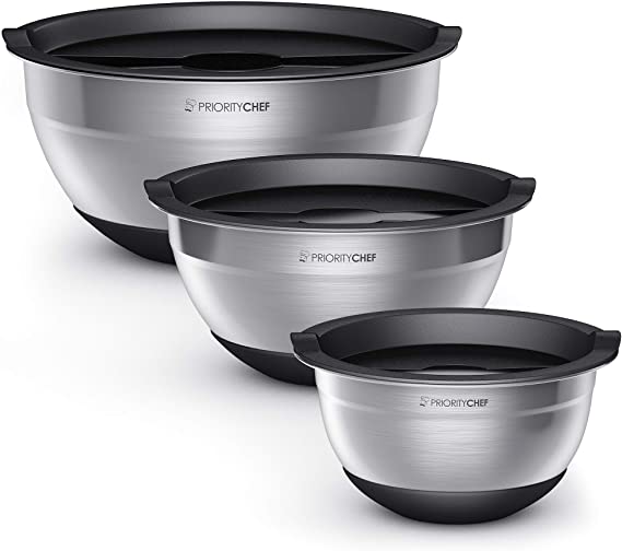 PriorityChef Stainless Steel Mixing Bowls With Lids Set of 3, Multipurpose Metal Bowl Set, Stackable Space Saving Design with Non Slip Silicone Base and Lids, 1.7/3/4.7 Qrt