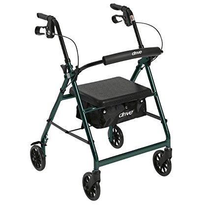 Drive Medical Aluminum Rollator Walker Fold Up and Removable Back Support, Padded Seat, 6" Wheels, Green