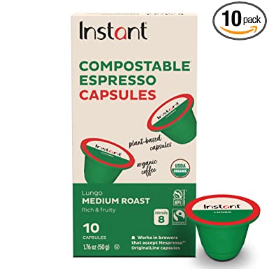 Instant Compostable Espresso Capsules, Lungo Medium Roast, 10 Plant-based Capsules, From the Makers of Instant Pot, Eco-Friendly, 100% Organic, Arabica Espresso Capsules with Compostable Freshness Bag