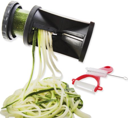 Premium 2 In 1 Spiral Slicer with Ceramic Peeler - Vegetable Spiralizer - Zucchini Spaghetti Maker - Julienne and Ribbon Style Slicer - Bonuses Peeler Recipes eBooks Cleaning Brush