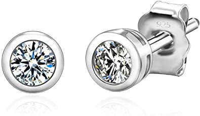 Genuine Sterling Silver Simulated Diamond Bezel Set Stud Earrings Nickel Free Ear Stud Jewelry with Clutch Back Birthday Women Girls Men Gifts