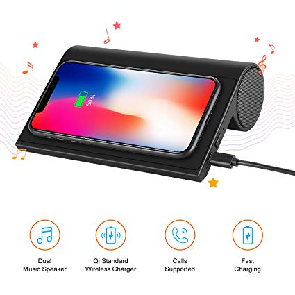 Wireless Charger with Bluetooth Speaker 4.0, 10W Portable Wireless Charger Stand Pad with Speaker for iPhone X/8/8 Plus, Samsung Galaxy Note 8 S9 Plus S8 Plus S7 Edge S6 Edge, LG G6 v30