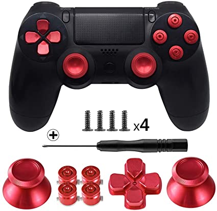 TOMSIN Metal Buttons for DualShock 4, Aluminum Metal Thumbsticks Analog Grip & Bullet Buttons & D-pad for PS4 Controller (Red)
