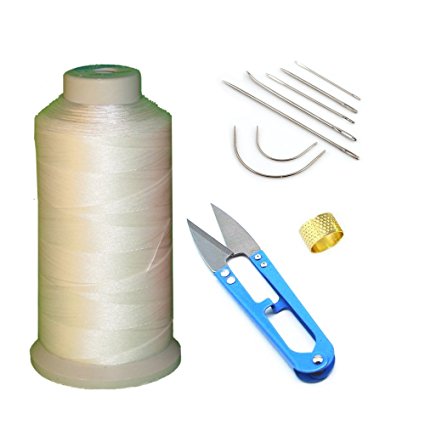 AntKits Bonded Nylon Sewing Thread, Curved Needles, Scissors and Thimble Tools Kits (White)