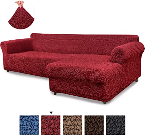 Sectional Sofa Cover - Sectional Couch Covers - L Couch Cover - Cotton Fabric Slipcovers - 1-piece Form Fit Stretch Furniture Slipcover - Mille Righe Collection - Bordeaux (Right Chase)