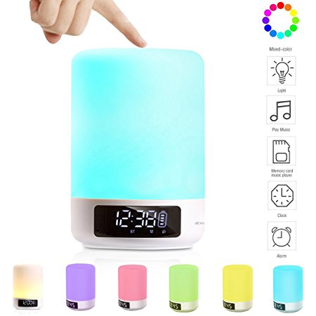 DIKAOU LED Bluetooth Speaker Bedside Touch Sensor Table Lamp Dimmable Warm White Light Color Changing RGB  Multicolor Alarm Clock Hands-free Timing Function - White