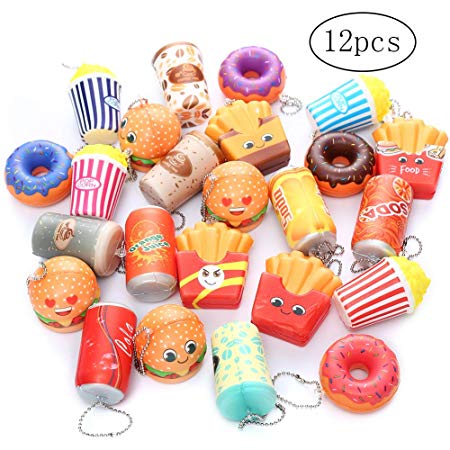 Sinofun 12PCS Random Food Squishies Keychain Set, Hamburgers/ Donuts/ Popcorns/ French Fries Cute Jumbo Squishy Pack Soft Slow Rising Squishy Toys Stress Relief Scented Party Favors for Boys/Girls
