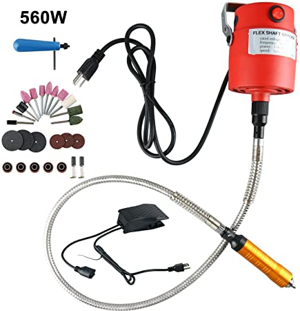 1/4"HP Rotary Tool Flexible Flex Shaft Hanging Grinder Carver Electric Carving Tools Kit, Seperate Motor Switch Knob Control, Foot Pedal Control, 560W Power, Metal Flexible Shaft,23000 RPM (560W) Flex Shaft Grinder Carver Rotary Tool