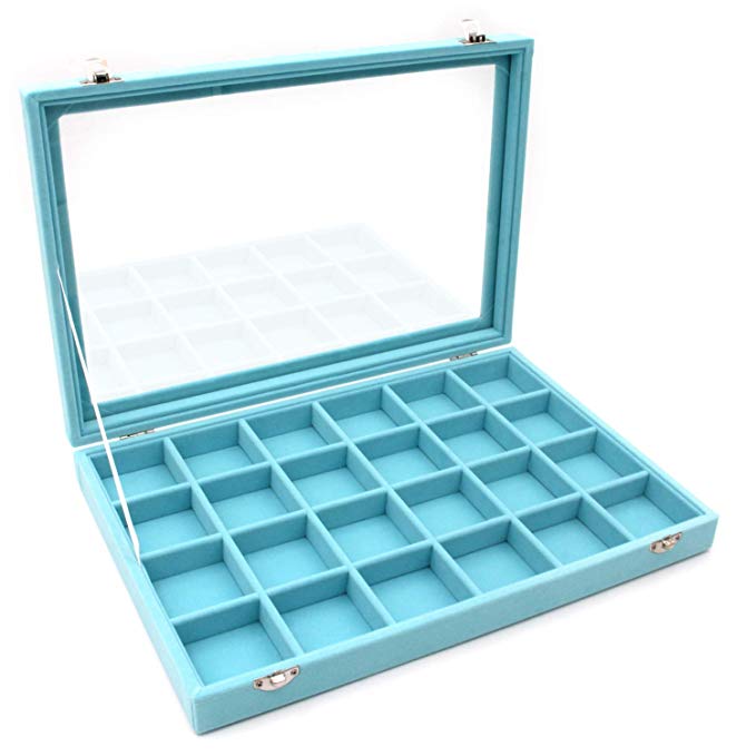 KLOUD City Jewelry Tray Box Showcase Display Storage Rings Earrings Necklaces Bracelet Broochs Organizer Removable Stackable Velvet Clear Lid with Lock (Light Blue 24 Grid)