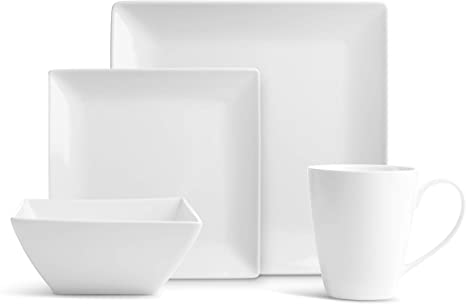 16 Pc. Square Pure Porcelain Dishes Set – White Dinner Plates, Bowls, Coffee Cups