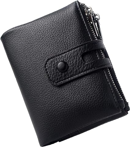 Small Leather Wallet for Women, RFID Blocking Women's Credit Card Holder Ladies Mini Purse Double Zipper Pocket (Black)