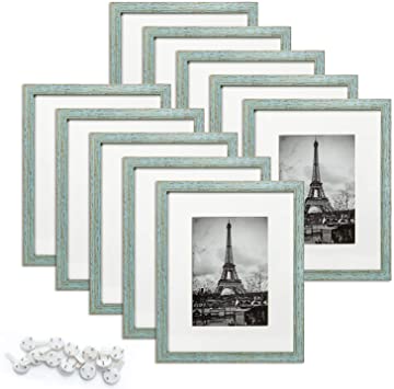 upsimples 8x10 Picture Frame Set of 10,Display Pictures 5x7 with Mat or 8x10 Without Mat,Multi Photo Frames Collage for Wall or Tabletop Display,Rustic Blue