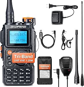 BAOFENG K6 Tri-Band Handheld Ham Radio Full Kit, 6W Two Way Radio, UHF/VHF/1.25M/NOAA/FM/Air Receiver, 2600mAh Battery Type-C Charging, 999CH, Long High Gain Antenna, Speaker Mic, Programming Cable