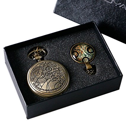 YISUYA Vintage Bronze Doctor Who Retro Dr Who Pocket Watch with Chain Mens Boys Necklace Pendant Gift Box