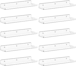 Lifewit Floating Shelves for Wall, 10 Pack Clear Acrylic Shelf 15" Room Decor for Bookcase/Vinyl Record Display/Photo/Picture in Bedroom, Living Room, Bathroom, Kitchen Storage and Organization