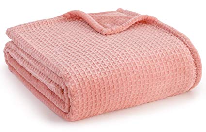 SEDONA HOUSE Soft Cotton Plush Fleece Waffle Weave Pink Throw Blanket, Twin 60"x80"