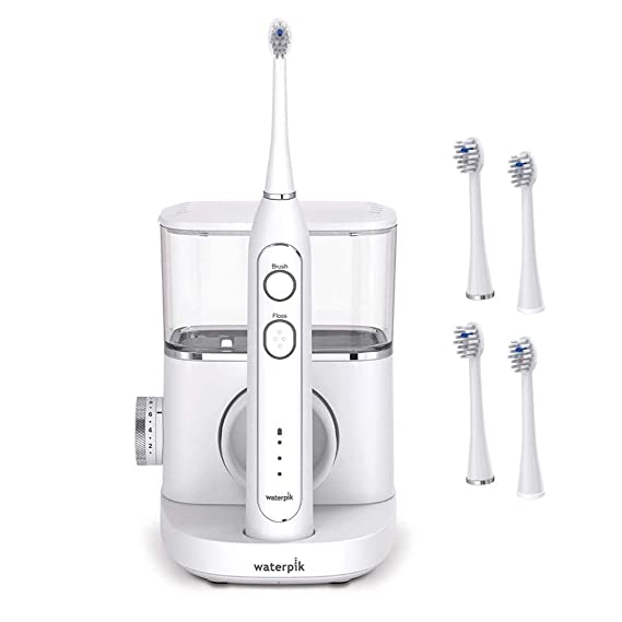 Waterpik White Sonic-Fusion Toothbrush and Heads (Set of 4). Brush and Floss at the Same Time. Soft Bristles Gently Brush While the Water Flosser Removes Plaque and Debris from Teeth and Gumline.