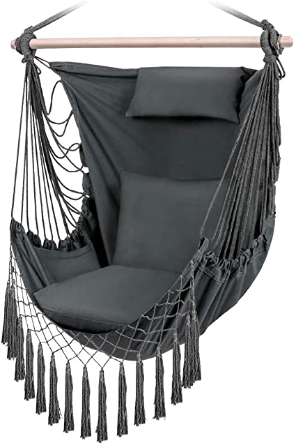 XCSOURCE Hammock Chair with 3 Cushions Pillow Large Hammock Hanging Chair for Indoor Bedroom Outdoor Porch Lounging (Grey)