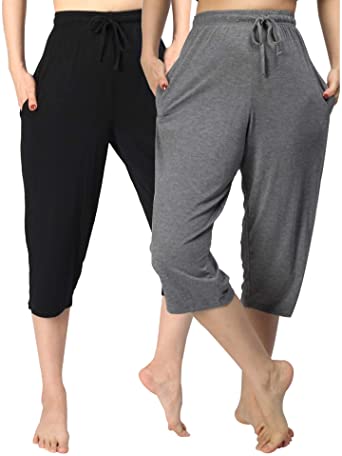 WEWINK CUKOO Capri Pants for Women Stretchy Soft Modal Pajama Bottoms Capris Lounge Cropped Pants with Pockets