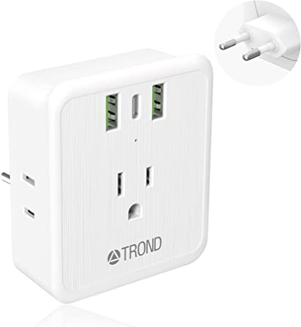 Fast Charging European Travel Plug Adapter: TROND Type C Plug Adapter for Europe with 4 USA Outlets, PD 20W USB-C, 2 QC 3.0 USB-A Ports, 7 in 1 Electrical Power Adapter for Italy Spain France Iceland