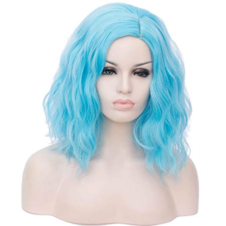 OneUstar Women's Cosplay Wig Light Blue Medium Length Curly Bob Wigs Costume Party Wig 15 Inch
