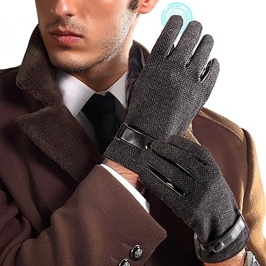 LADYBRO Herringbone Gloves for Men - Mens Glove Tweed Gloves Touchscreen Gloves Winter Warm Lined Driving Gloves Black Brown