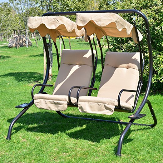 Outsunny Garden Outdoor Swing Chair 2 Seater Swinging Hammock Patio Cushioned Seat With Tray