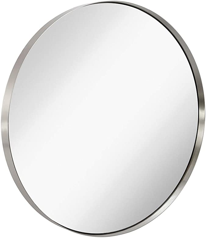 Hamilton Hills Contemporary Brushed Metal Silver Wall Mirror | Glass Panel Silver Framed Rounded Circle Deep Set Design (35" Round)