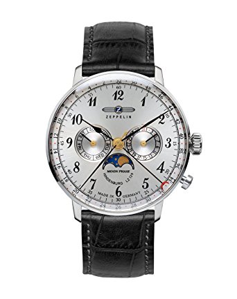 Zeppelin Series LZ129 Hindenburg Men's Multifunction Day/Date Moon Phase Watch Silver with Black Strap 7036-1