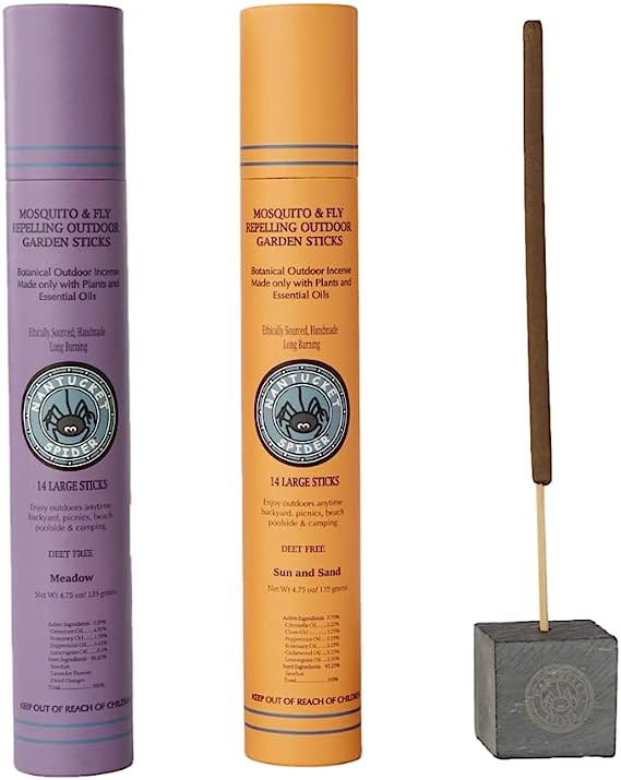 Nantucket Spider Mosquito & Fly Repelling Outdoor Garden Incense Sticks Bundle | 2 Pack (28 Sticks) & Artisanal Stone Block Incense Holder (1ct) | Sun and Sand (14 Sticks) & Meadow (14 Sticks)