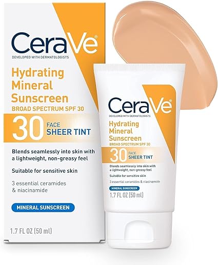 CeraVe Tinted Sunscreen with SPF 30 | Hydrating Mineral Sunscreen With Zinc Oxide & Titanium Dioxide | Sheer Tint for Healthy Glow | 1.7 Fluid Ounce