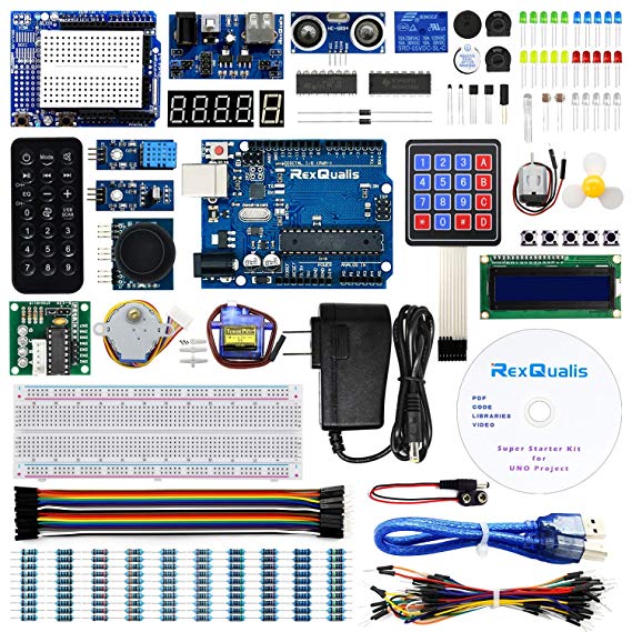 UNO Project Super Starter Kit for Arduino w/ UNO R3 Development Board, LCD1602, Membrane Switch, Servo, Stepper Motor, Joystick, Power Supply Adapter, DHT11, IR Receiver, Detailed Tutorial