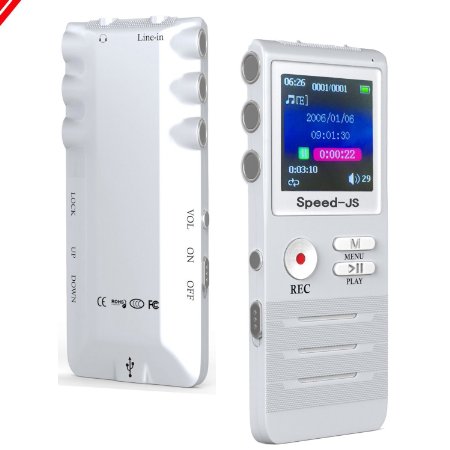 Portable Rechargeable 8GB Digital Voice Recorder & MP3 Music Player, by Double Microphone HD Recording, Premium Metal Case, Best Noise Cancellation Mic, 8GB Memory ,Speed-JS® (Classic White)